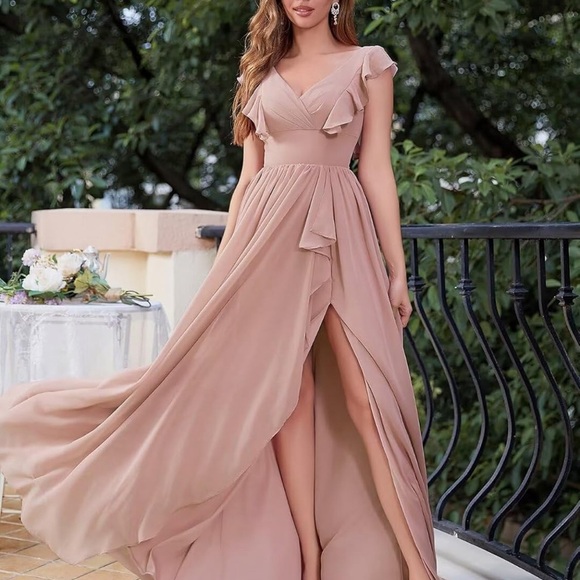 Evening  Chiffon Gown Ruffled Sleeves Sz M Brand New with Tags Dusty Rose Color - Picture 4 of 7